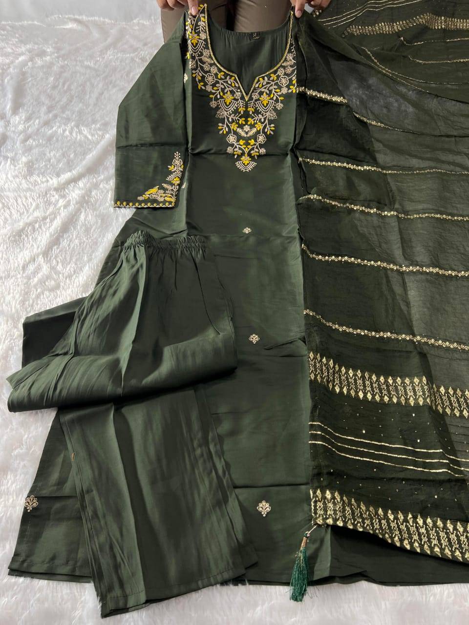 Mehandi Green Designer Roman Silk Kurti Set with Zari & Sequin Dupatta